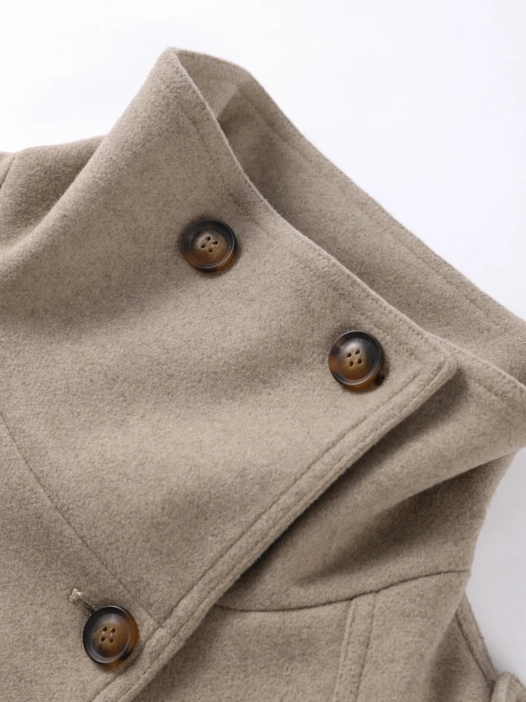 Elegant Stand Collar Women's Short Woolen Coat Double Breasted Long Sleeve Pocket Jacket 2025 Autumn Winter Lady Outerwears