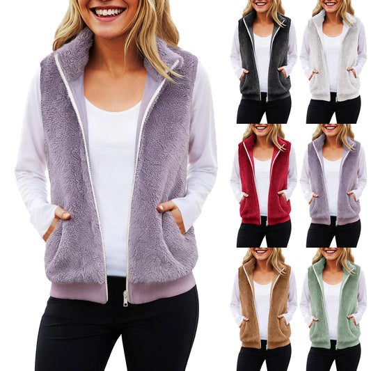 2025 New Popula Women'S Plush Warm Vest Solid Color Zipper Sleeveless Fleece Vests Autumn Winter Plus Size Casual Jacket Pocket