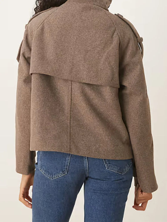 Elegant Stand Collar Women's Short Woolen Coat Double Breasted Long Sleeve Pocket Jacket 2025 Autumn Winter Lady Outerwears