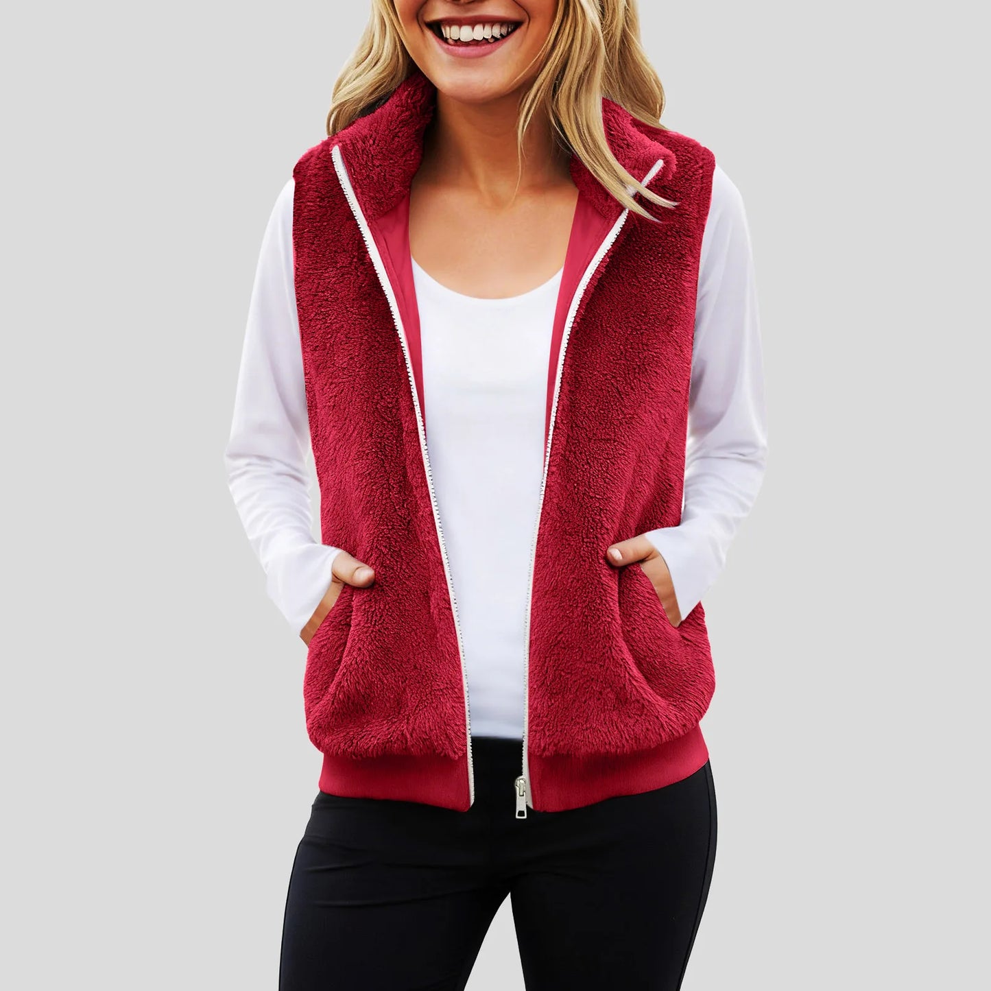 2025 New Popula Women'S Plush Warm Vest Solid Color Zipper Sleeveless Fleece Vests Autumn Winter Plus Size Casual Jacket Pocket