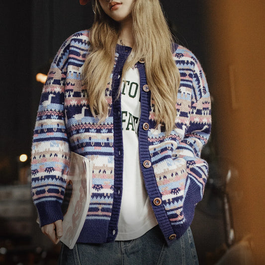 Maden Fair Isle Knit Cardigan for Women Thick Warm Winter Sweater Coat Vintage Jacquard Pattern Loose Fit Knitwear