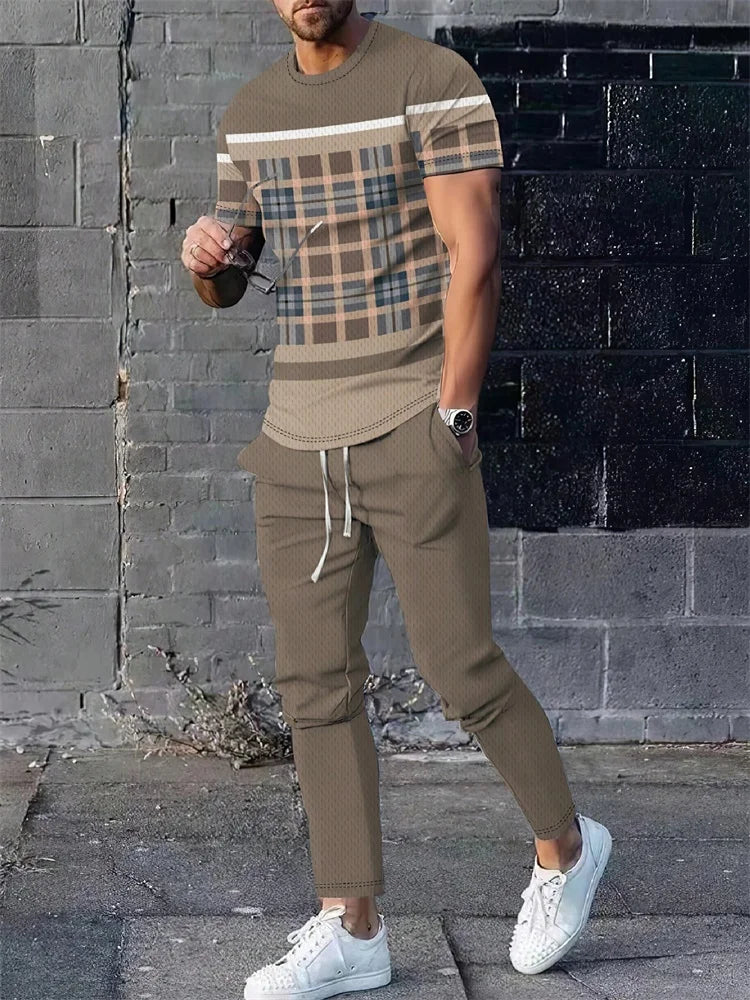 2025 Autumn Fashion Round-neck Short-sleeved Shirts And Casual Long Pants, Urban Street Loose And Casual Fashion Men's 2pcs Set