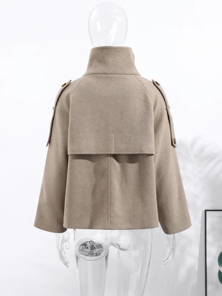 Elegant Stand Collar Women's Short Woolen Coat Double Breasted Long Sleeve Pocket Jacket 2025 Autumn Winter Lady Outerwears