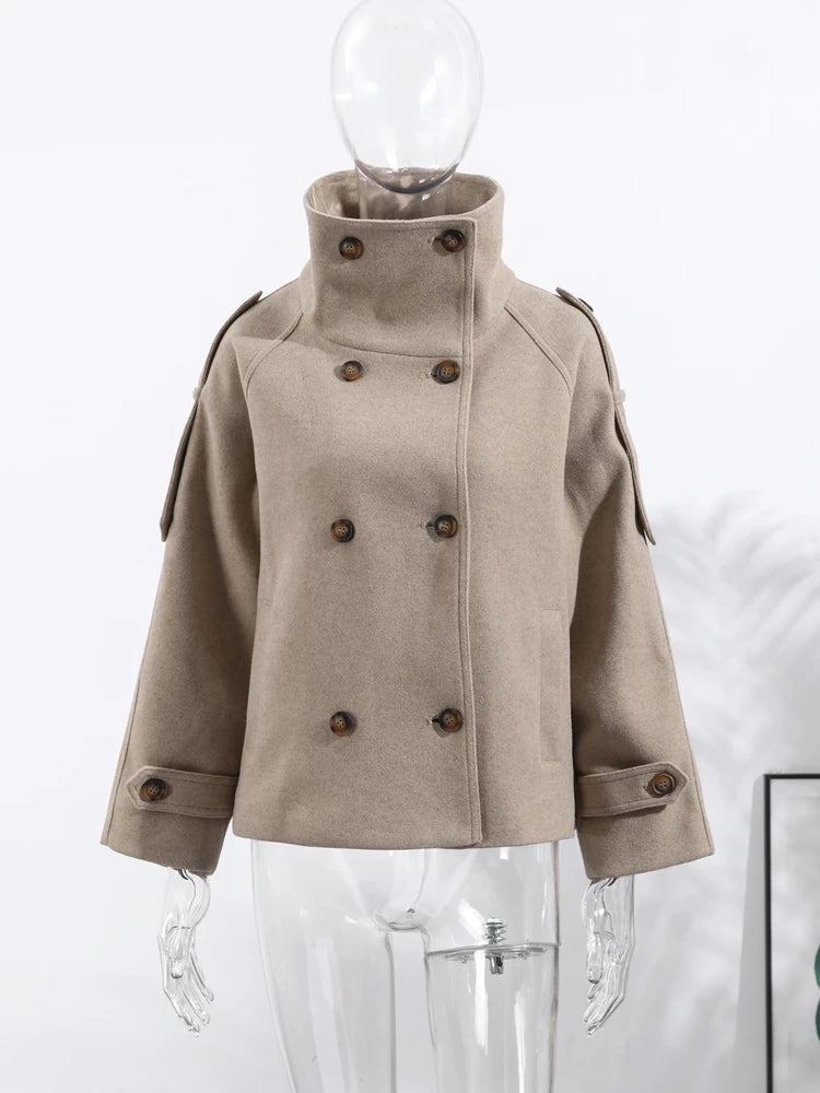 Elegant Stand Collar Women's Short Woolen Coat Double Breasted Long Sleeve Pocket Jacket 2025 Autumn Winter Lady Outerwears