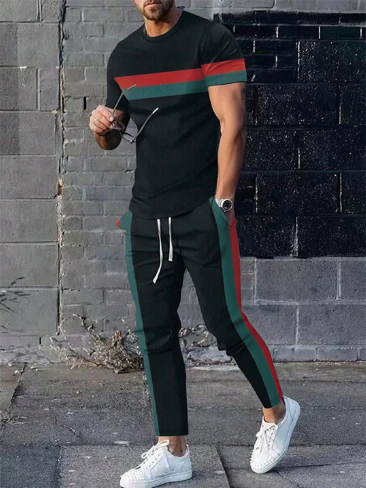 2025 Autumn Fashion Round-neck Short-sleeved Shirts And Casual Long Pants, Urban Street Loose And Casual Fashion Men's 2pcs Set