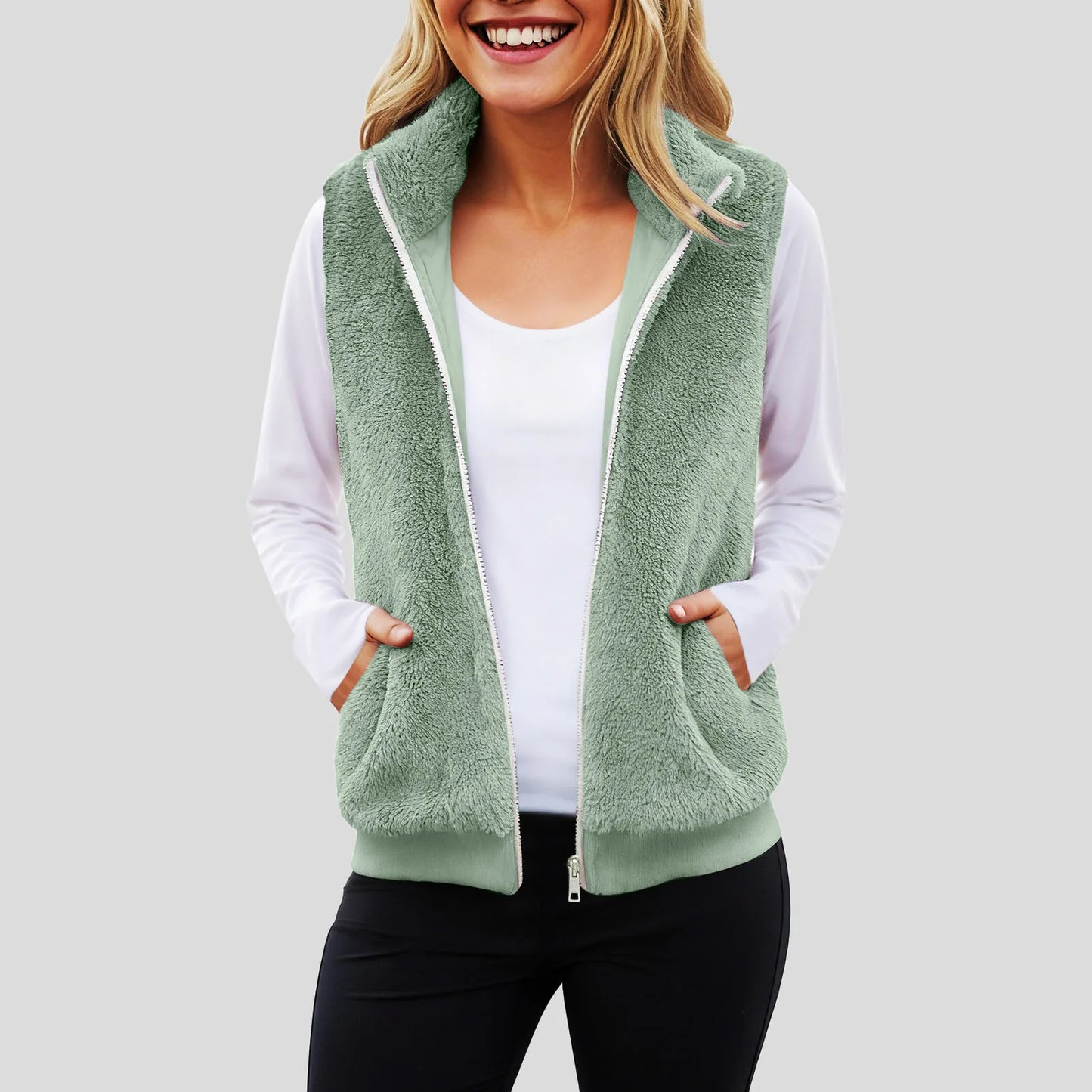 2025 New Popula Women'S Plush Warm Vest Solid Color Zipper Sleeveless Fleece Vests Autumn Winter Plus Size Casual Jacket Pocket
