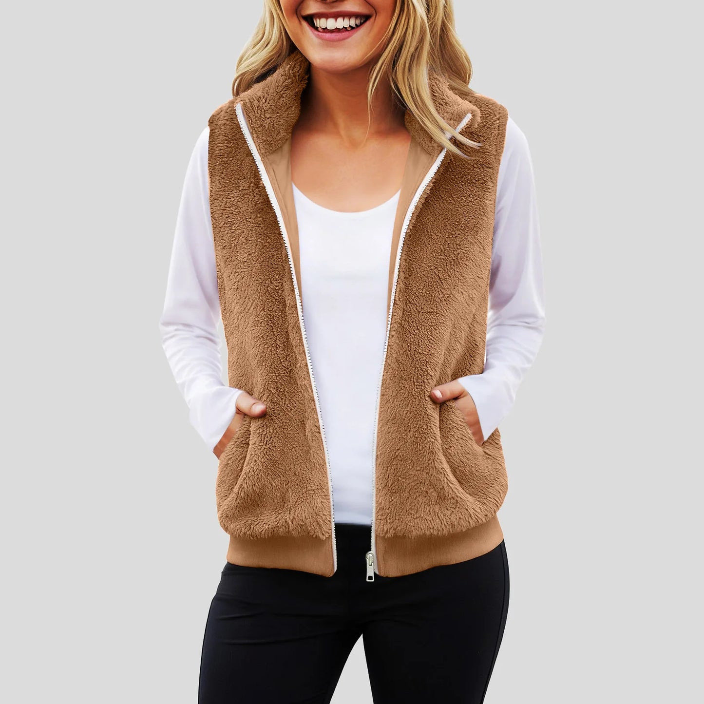 2025 New Popula Women'S Plush Warm Vest Solid Color Zipper Sleeveless Fleece Vests Autumn Winter Plus Size Casual Jacket Pocket