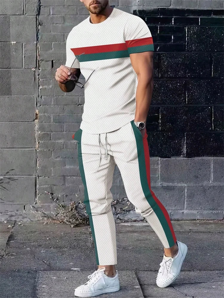 2025 Autumn Fashion Round-neck Short-sleeved Shirts And Casual Long Pants, Urban Street Loose And Casual Fashion Men's 2pcs Set