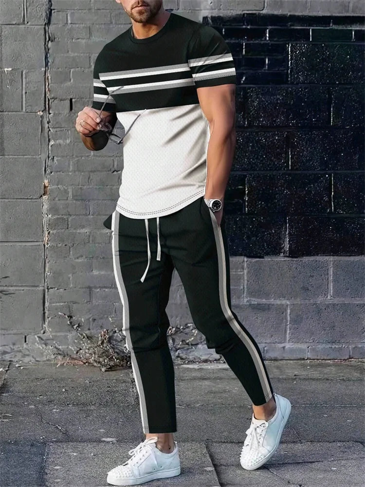 2025 Autumn Fashion Round-neck Short-sleeved Shirts And Casual Long Pants, Urban Street Loose And Casual Fashion Men's 2pcs Set