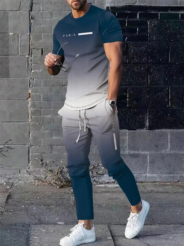 2025 Autumn Fashion Round-neck Short-sleeved Shirts And Casual Long Pants, Urban Street Loose And Casual Fashion Men's 2pcs Set