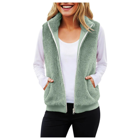 2025 New Popula Women'S Plush Warm Vest Solid Color Zipper Sleeveless Fleece Vests Autumn Winter Plus Size Casual Jacket Pocket