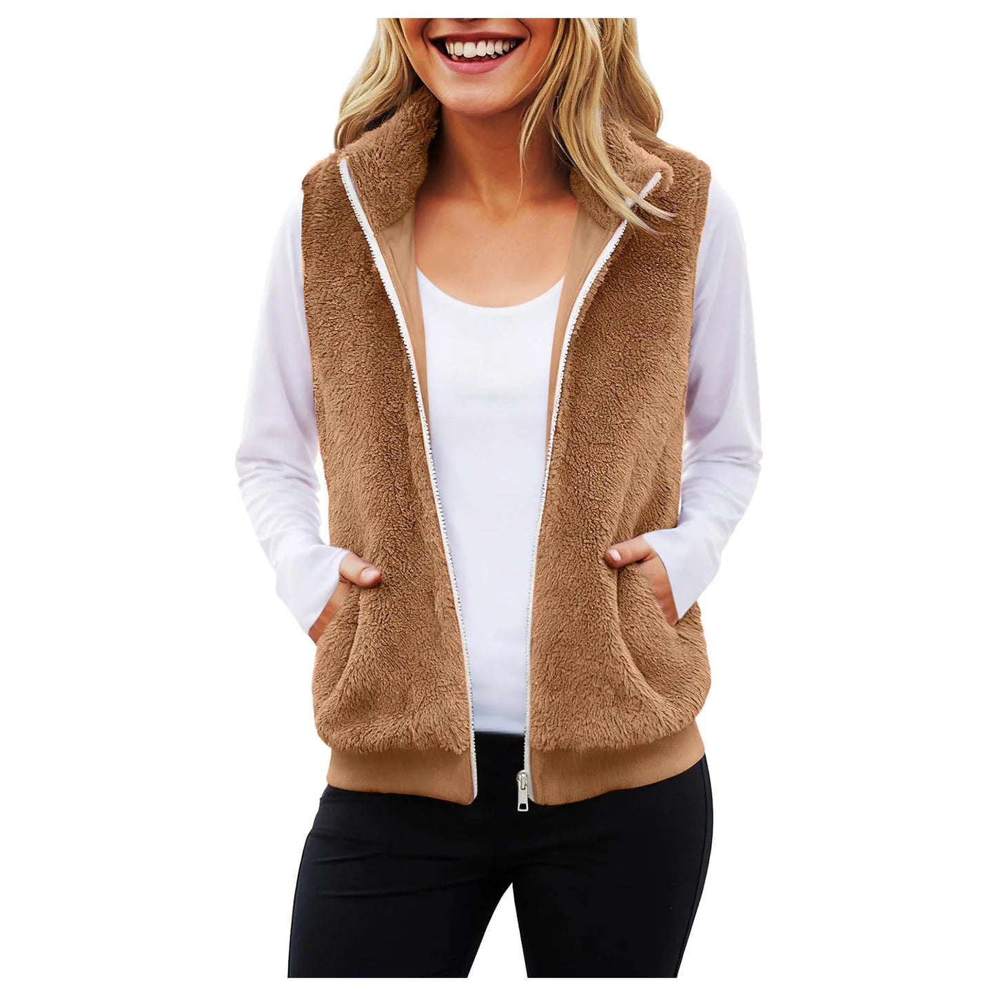 2025 New Popula Women'S Plush Warm Vest Solid Color Zipper Sleeveless Fleece Vests Autumn Winter Plus Size Casual Jacket Pocket