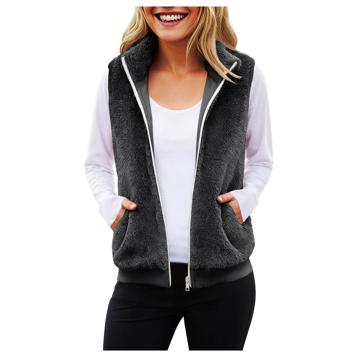 2025 New Popula Women'S Plush Warm Vest Solid Color Zipper Sleeveless Fleece Vests Autumn Winter Plus Size Casual Jacket Pocket