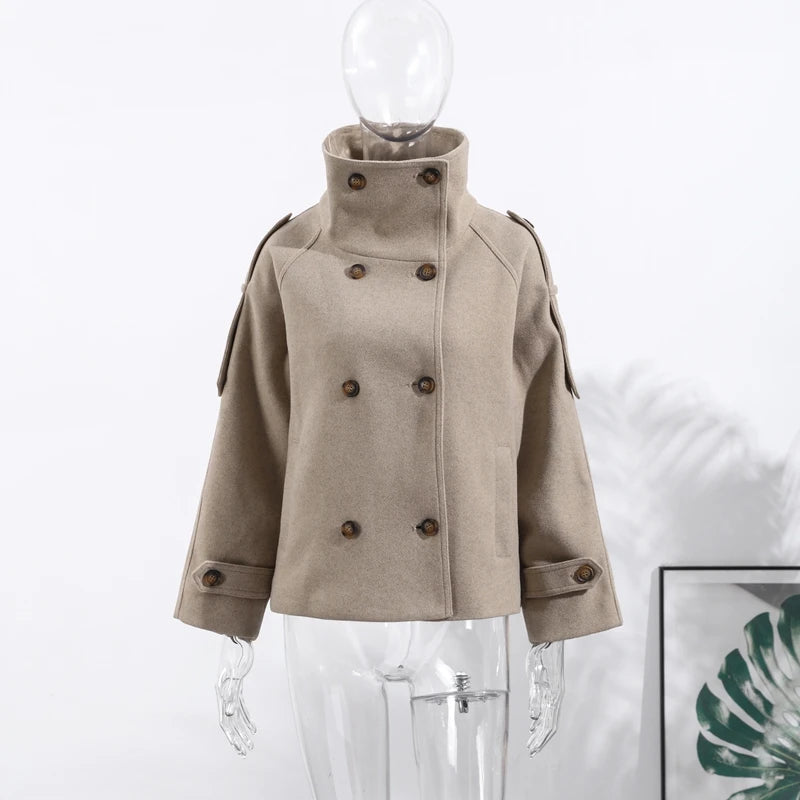 Elegant Stand Collar Women's Short Woolen Coat Double Breasted Long Sleeve Pocket Jacket 2025 Autumn Winter Lady Outerwears