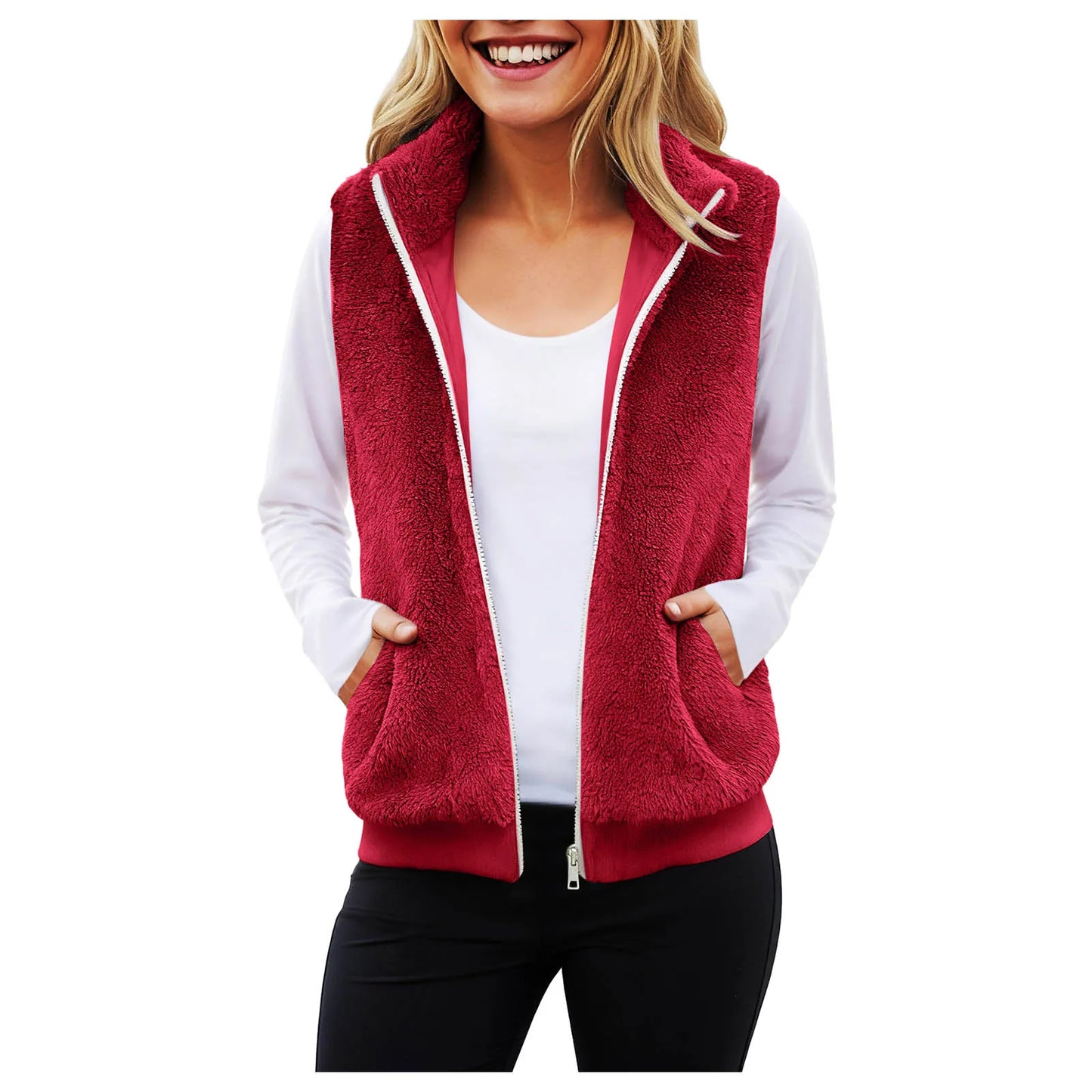 2025 New Popula Women'S Plush Warm Vest Solid Color Zipper Sleeveless Fleece Vests Autumn Winter Plus Size Casual Jacket Pocket