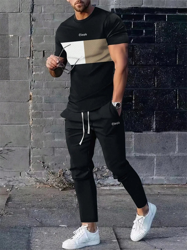 2025 Autumn Fashion Round-neck Short-sleeved Shirts And Casual Long Pants, Urban Street Loose And Casual Fashion Men's 2pcs Set