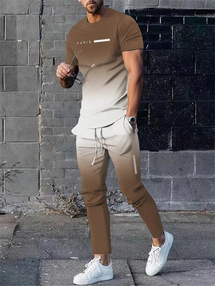 2025 Autumn Fashion Round-neck Short-sleeved Shirts And Casual Long Pants, Urban Street Loose And Casual Fashion Men's 2pcs Set