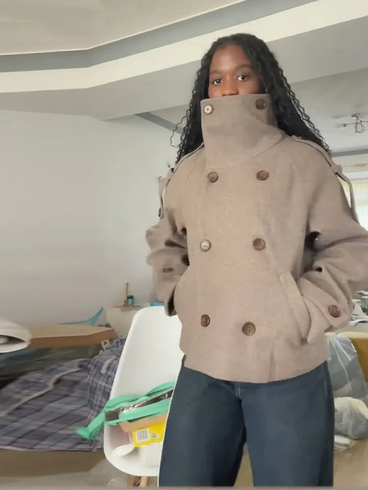 Elegant Stand Collar Women's Short Woolen Coat Double Breasted Long Sleeve Pocket Jacket 2025 Autumn Winter Lady Outerwears