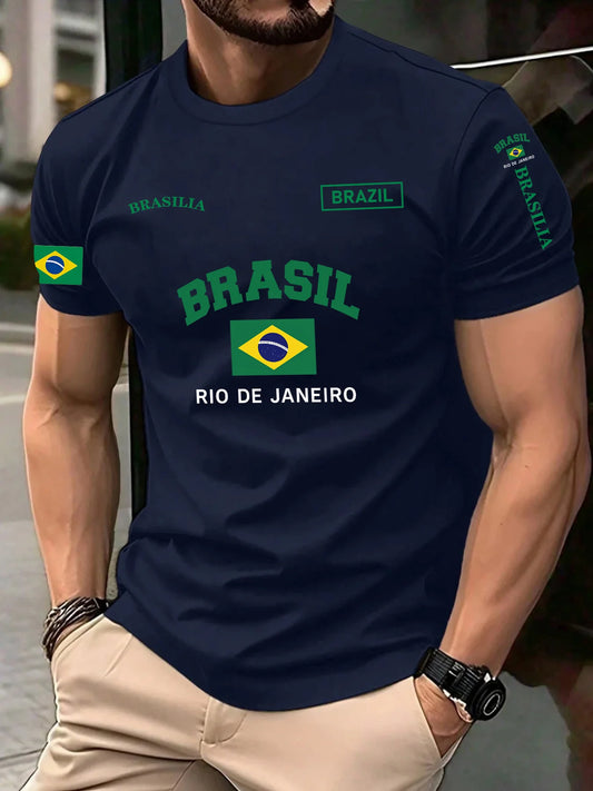 Brazilian Flag Print 100% Cotton Trendy Men Woment T-shirt Summer Autumn Daily Outdoor Sports Casual Loose Street Short Sleeve