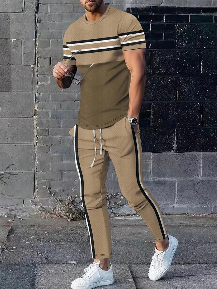 2025 Autumn Fashion Round-neck Short-sleeved Shirts And Casual Long Pants, Urban Street Loose And Casual Fashion Men's 2pcs Set